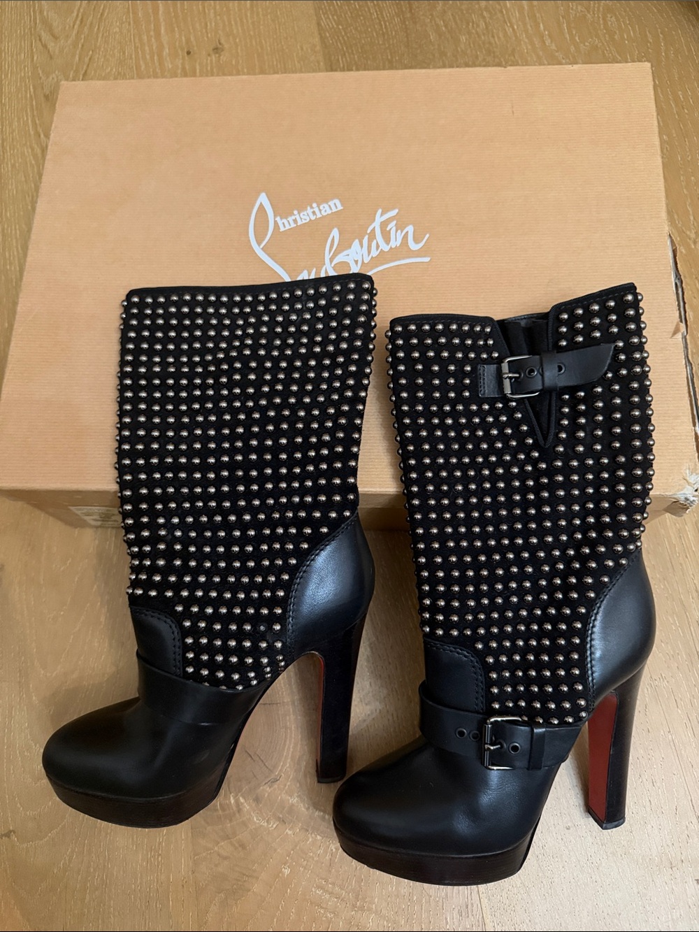 Christian Louboutin Black Studded Platform Mid-Calf Boots
